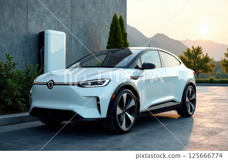 Electric car at modern charging station and charge the battery Future innovative EV charging station 125666774