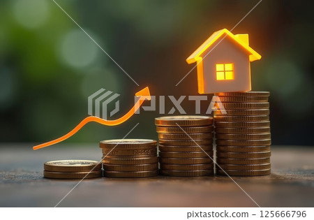 Stacks of coins from lower to higher with glowing house icon on top, real estate investment growth. 125666796