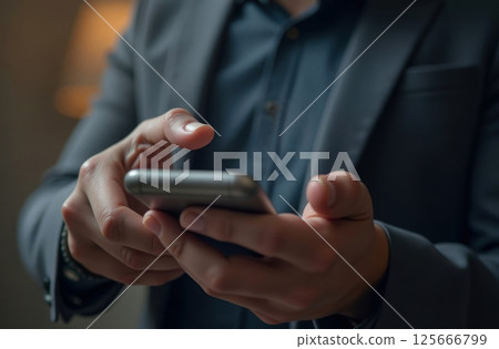 Businessman in suit holding modern smartphone device in hands and touching screen. Businessman in suit holding modern smartphone device in hands and touching screen. 125666799