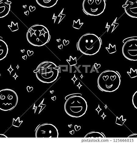 Smiley or emoji doodle seamless pattern. Black vector background. Print for printing on packaging, wallpaper, fabric and other surfaces. Smiley or emoji doodle seamless pattern. Black vector background. Print for printing on packaging, wallpaper, fabric and other surfaces. 125666815