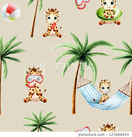 Seamless pattern with cute baby giraffe on striped hanging hammock with Green palm trees. Zebra with pineapple. Watercolor hand drawn elephant, floral jungle illustration isolated on background. For Seamless pattern with cute baby giraffe on striped hanging hammock with Green palm trees. Zebra with pineapple. Watercolor hand drawn elephant, floral jungle illustration isolated on background. For 125666843