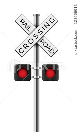 Railway crossing sign with flashing lights 125666918