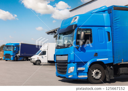 Modern blue cargo truck delivery van parked logistics warehouse center complex building exterior bay. Semi-trailer lorry unload goods distribution blue sky. Cargo storage facility industry building Modern blue cargo truck delivery van parked logistics warehouse center complex building exterior bay. Semi-trailer lorry unload goods distribution blue sky. Cargo storage facility industry building 125667152
