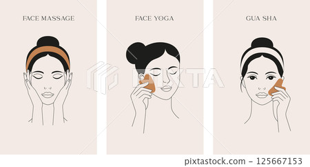 Face massage, Gua sha massage, self care, skincare illustrations. Minimalist clean design Face massage, Gua sha massage, self care, skincare illustrations. Minimalist clean design 125667153