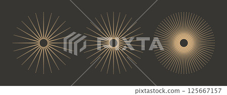 Bohemian vintage gold sunburst, starburst design. Abstract boho round sun, star. Vector line magic art collection. Bohemian vintage gold sunburst, starburst design. Abstract boho round sun, star. Vector line magic art collection. 125667157