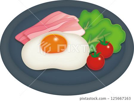 一盤煎蛋，上面放著各種配料 125667163