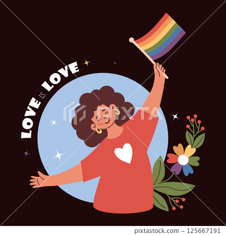 Happy Woman Holding rainbow Pride Flag LGBTQ. Festive postcard Love is Love. Flat Vector Illustration. Colorful, joyful LGBT support image for Pride Month, unity, diversity and equal love Happy Woman Holding rainbow Pride Flag LGBTQ. Festive postcard Love is Love. Flat Vector Illustration. Colorful, joyful LGBT support image for Pride Month, unity, diversity and equal love 125667191