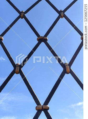 strong black iron fence against clear blue sky in bright daytime setting. close up. 125667255