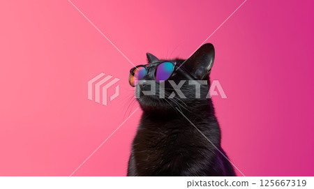 Black cat wearing sunglasses against a pink background, cool and stylish vibe 125667319