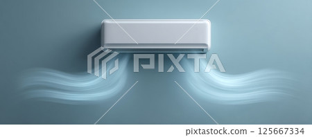 Air conditioner blowing cool air on blue wall, modern comfort concept Air conditioner blowing cool air on blue wall, modern comfort concept 125667334