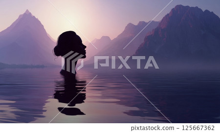 Silhouette of woman in serene lake at sunset amidst purple mountains, digital art 125667362