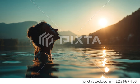 Silhouette of woman in lake during sunrise with mountains, peaceful and serene 125667416