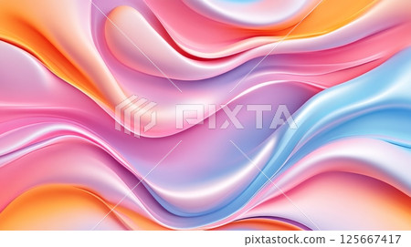 Abstract waves of pastel pink, blue, and orange silk-like fabric blending 125667417