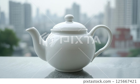 White ceramic teapot with lid against blurred cityscape background White ceramic teapot with lid against blurred cityscape background 125667421