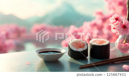 Sushi rolls on table with cherry blossoms and sauce, tranquil spring scene Sushi rolls on table with cherry blossoms and sauce, tranquil spring scene 125667431