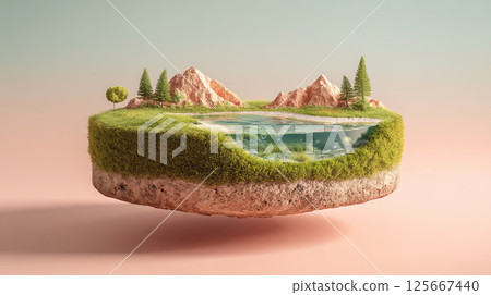 Floating island with mountains, trees, and lake in surreal pastel landscape 125667440