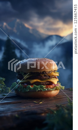Juicy cheeseburger with toppings on wooden table in foggy mountain setting 125667455