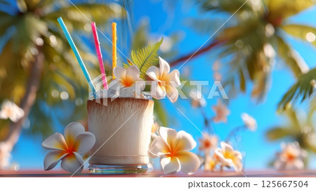 Tropical drink with frangipani flowers and colorful straws in a sunny paradise 125667504