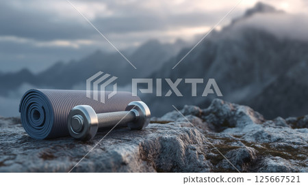 Yoga mat and dumbbell on rocky mountain top under cloudy sky at sunrise 125667521