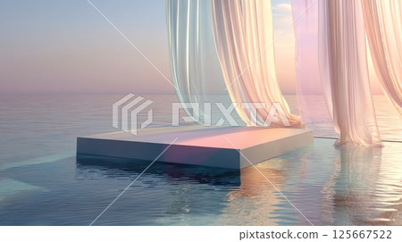 Soothing sunset over calm ocean with pedestal and pastel drapes and reflecting waterscape 125667522
