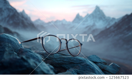 Glasses resting on mountain rock under foggy sky at dawn, concept of clarity 125667523