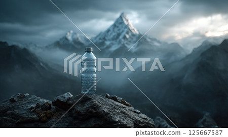Plastic bottle on rocky mountain with misty peaks under dramatic cloudy sky Plastic bottle on rocky mountain with misty peaks under dramatic cloudy sky 125667587