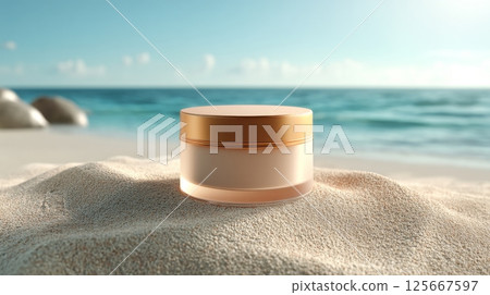 Cosmetic cream jar on sunlit beach with ocean view, beauty concept 125667597