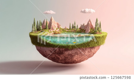 Floating island with mountains, trees, and pond in pastel sky, 3d fantasy artwork 125667598