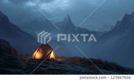 Glowing tent in dark misty mountains under cloudy sky, hiking adventure at night 125667608