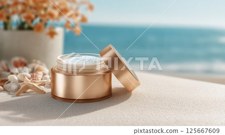 Open cream jar on sandy surface by the sea with seashells and starfish 125667609