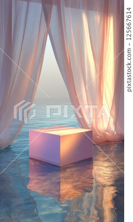 Soft pastel sunset on water with a glowing cube and flowing curtains 125667614