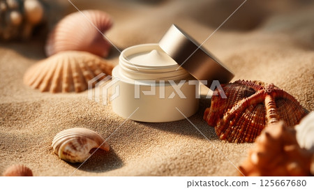 Moisturizing cream jar on sandy beach surrounded by seashells, summer skincare concept 125667680