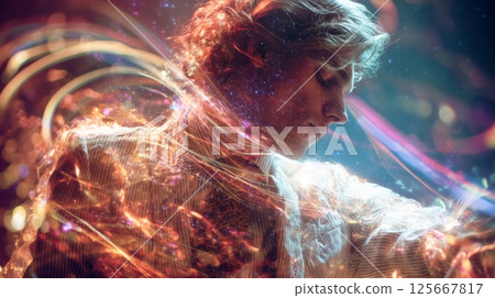Ethereal portrait of a person with swirling colorful lights, cosmic ambiance 125667817