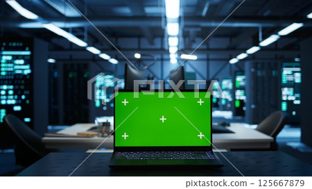 Focus on isolated screen laptop used by engineers in high tech data center to monitor security threats. Close up of chroma key notebook used by workers ensuring compliance with regulations 125667879