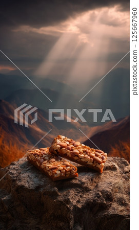 Nut and seed bars on rock with sun rays over mountain landscape Nut and seed bars on rock with sun rays over mountain landscape 125667960