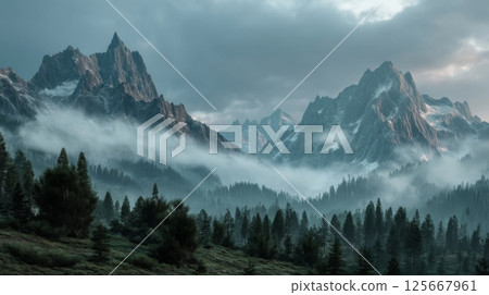 Foggy mountain peaks with pine forest and cloudy sky, serene landscape view 125667961