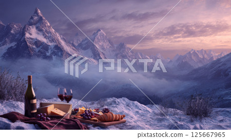 Romantic picnic setup with wine and cheese in snowy mountain landscape at sunset 125667965