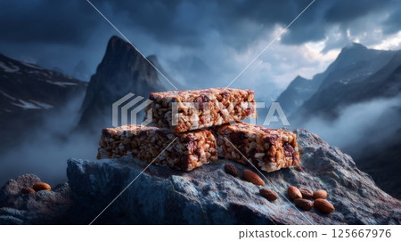 Granola bars with nuts on rocky mountain background under stormy sky 125667976