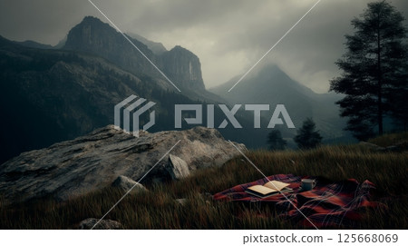 Moody mountain landscape with picnic blanket and book during foggy weather 125668069