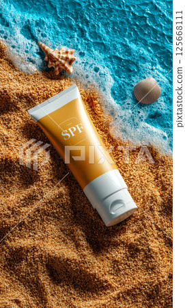 Sunscreen cream tube on sandy beach with seashells and ocean waves, summer skincare concept 125668111