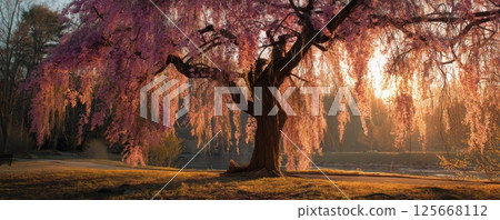 Serene sunrise with majestic pink cherry blossom tree by a tranquil lake 125668112