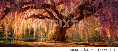 Enchanting cherry blossom tree with pink flowers and sunlight at a serene lake 125668113