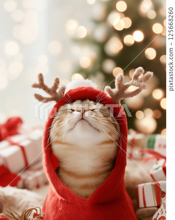 Bengal cat in reindeer costume enjoying a joyful Christmas with festive lights and gifts Bengal cat in reindeer costume enjoying a joyful Christmas with festive lights and gifts 125668260