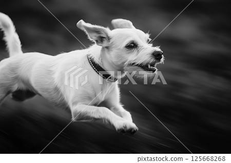 Terrier dog running playfully outdoors, showcasing energetic and furry nature in black and white 125668268