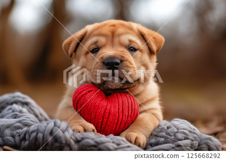 Adorable Shar-Pei puppy with heart and blanket, perfect for cute and furry pet lovers Adorable Shar-Pei puppy with heart and blanket, perfect for cute and furry pet lovers 125668292