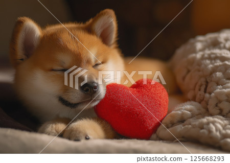 Cute Shiba puppy sleeping with heart, adorable and cozy pet animal in warm, fluffy ambiance Cute Shiba puppy sleeping with heart, adorable and cozy pet animal in warm, fluffy ambiance 125668293