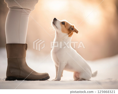 JackRussellTerrier dog puppy in snow during winter, cute and adorable outdoor scene with boots 125668321