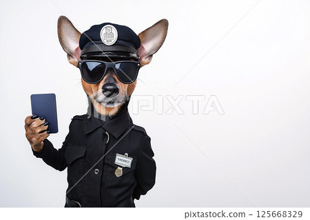 Dog in uniform costume as police officer with sunglasses, a badge, and a funny prop. Dog in uniform costume as police officer with sunglasses, a badge, and a funny prop. 125668329