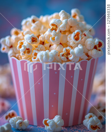 Delicious popcorn snack in a striped bowl for cinema and movie enjoyment Delicious popcorn snack in a striped bowl for cinema and movie enjoyment 125668338