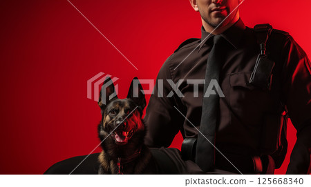 Belgian Malinois guard dog with uniformed security professional against red backdrop 125668340